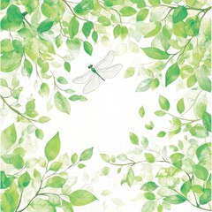 Obraz premium Serene Springtime Dragonfly and Green Leaves Watercolor