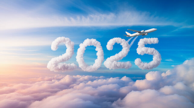 Airplane flying over clouds forming the year 2025 in blue sky