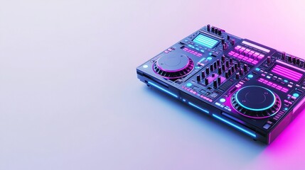 DJ controller with vibrant neon lights on white background.