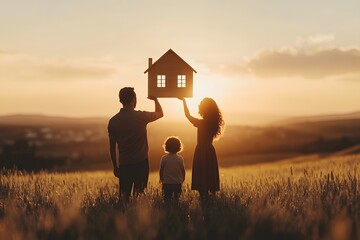 Silhouette of a family with mom, dad, and child holding a small house at evening sunset AI generated