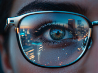Eye, Glasses, Reflection, Technology, Digital, Screen, Close-up, Iris, Pupil, Eyelashes, Blue, Green, Code, Data, Computer, Monitor, Focus, Detail, Vision, Modern, Cyber, Gaze, High-tech, Glass, Lens,