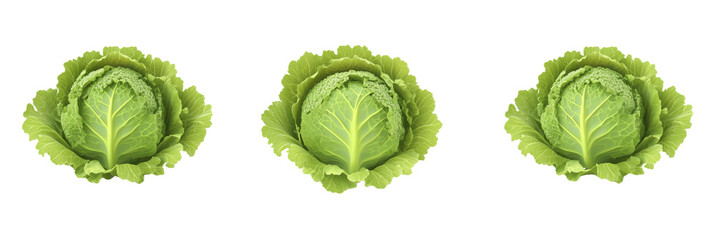Fototapeta premium Fresh green cabbages arranged in trio, vibrant leaves, healthy produce, ideal for salads and cooking, isolated on transparent background, png