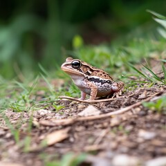 Obraz premium Small Brown Frog in Green Grassy Habitat