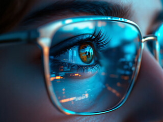 Eye, Glasses, Reflection, Technology, Digital, Screen, Close-up, Iris, Pupil, Eyelashes, Blue, Green, Code, Data, Computer, Monitor, Focus, Detail, Vision, Modern, Cyber, Gaze, High-tech, Glass, Lens,