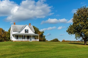 Obraz premium Charming country farmhouse with wraparound porch serene countryside real estate photography vibrant landscape captivating viewpoint rustic elegance and tranquility