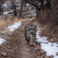 Fototapeta premium Snow Leopard Trekking Through Winter Path