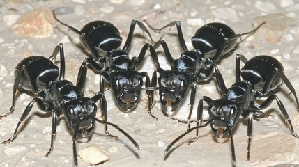 Close-up of four black ants facing each other on a textured surface.