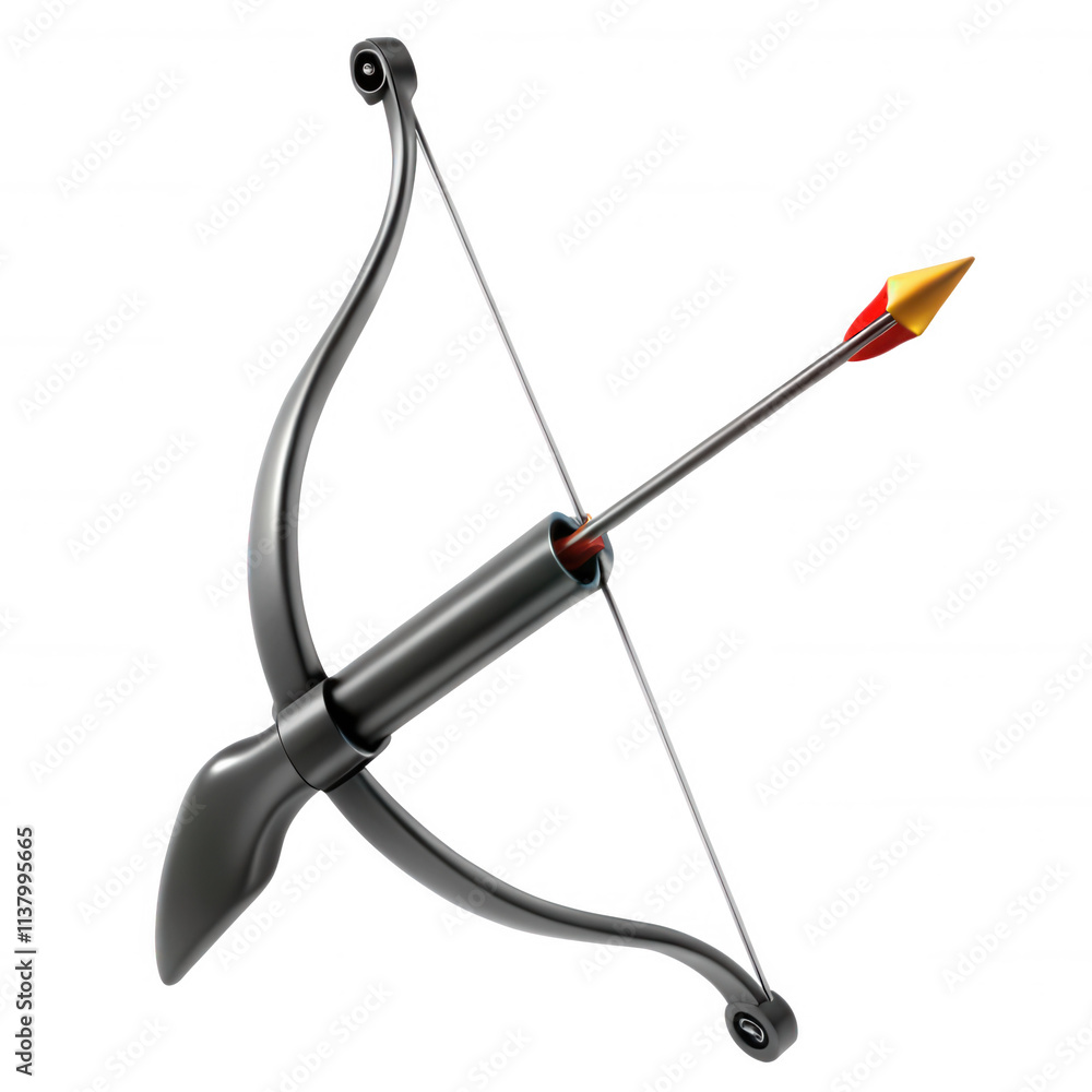 Poster a highly detailed 3d model of a bow with an arrow ready to shoot. the design features sleek material