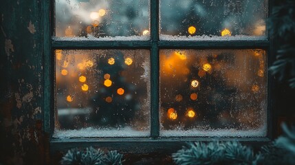 Frosty Window with Christmas Tree Reflections and Sparkling Lights