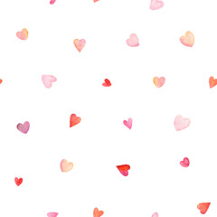 Watercolor seamless pattern with scattered colorful hearts, hand drawn isolated illustration for holiday texture, background for card Valentine day or wrapping paper.