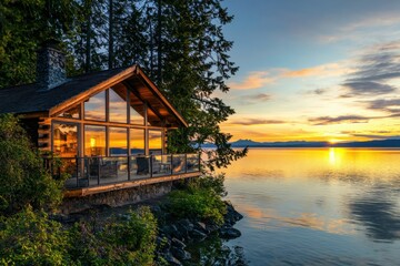 Obraz premium Charming lakefront cabin retreat tranquil waterside location real estate opportunity nature's serenity panoramic sunset view cozy living concept for relaxation