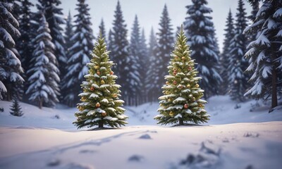 Obraz premium Tall spruce Christmas tree with ornaments and lights in a snow-covered landscape, lights, tall, spruce