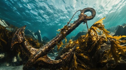 Naklejka premium Underwater Scene with Rusty Anchor and Colorful Seaweed