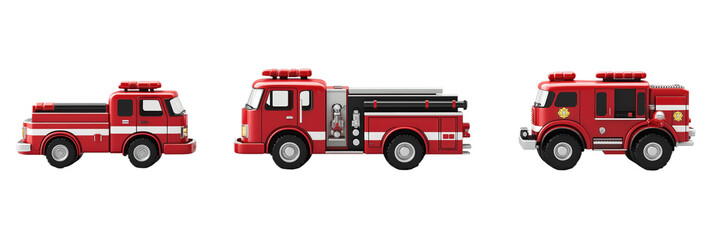 Naklejka premium Fire trucks collection, three toy fire trucks in red, varying sizes and designs, detailed features, emergency vehicles, isolated on transparent background, png