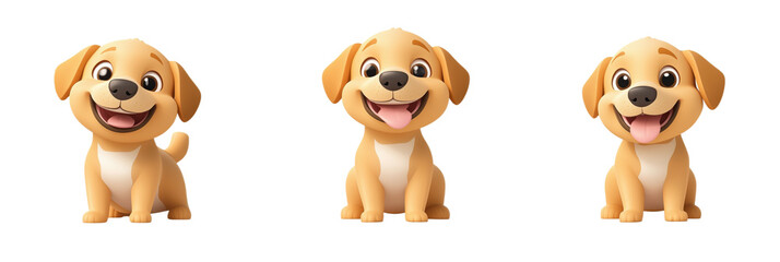 Fototapeta premium Cute cartoon puppies, three smiling golden retriever puppies, playful expressions, bright eyes, cartoon style, white background, isolated on transparent background, png