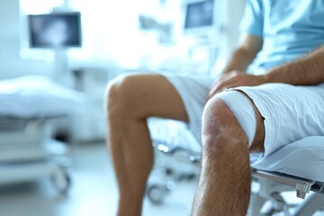 Obraz premium A man with a knee injury sits on a hospital bed, wearing shorts, in a medical environment with blurred equipment in the background.