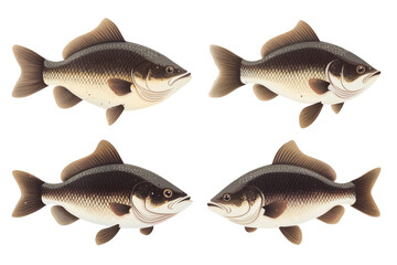 Obraz premium Bass fish illustrations, four distinct views showcasing detailed features, colors, and textures of bass fish, isolated on transparent background, png