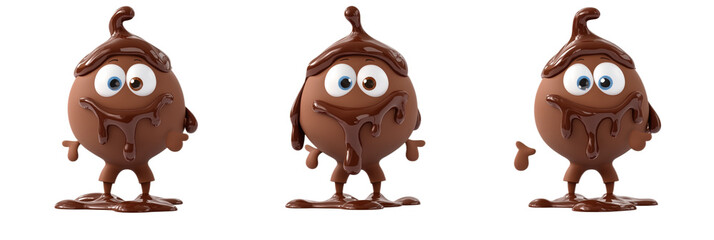 Chocolate character with playful expression, three poses, cartoon style, glossy finish, big eyes, smiling face, chocolate dripping, isolated on transparent background, png