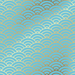 A seamless oriental pattern of golden lines forming a geometric wave design on a turquoise background. Traditional asian style Seigaiha sea wave motifs for backgrounds, textiles or decorative designs