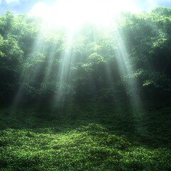 Naklejka premium Sunbeams Illuminating Lush Green Forest Canopy