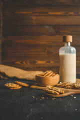 Homemade cookies with siftings and flax and a bottle of milk, good morning