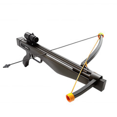 This image showcases a highly detailed 3D model of a modern crossbow with a sleek design, featuring a scope and a vibrant orange rubber band.