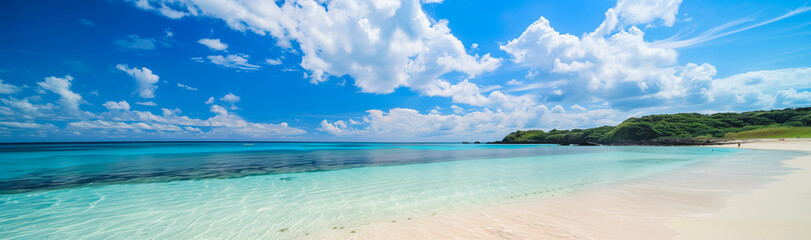 A beautiful beach with clear blue water, white clouds, and bright sun shining on the calm ocean. Perfect for summer vacation and travel poster designs.