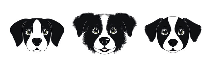 Obraz premium Dog faces illustration, three distinct black and white dog heads, cartoon style, expressive eyes, friendly appearance, isolated on transparent background, png