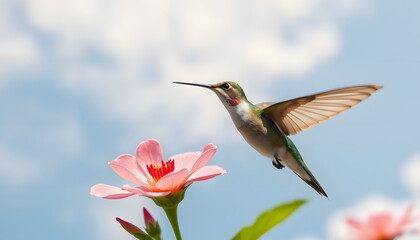 Naklejka premium Tiny Hummingbird in Motion Near a Vibrant Flower Blossom
