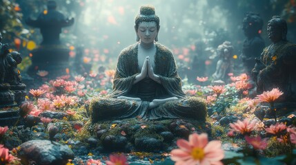 Serene Buddha statue meditating amidst blooming lotuses and smaller statues in a mystical garden.