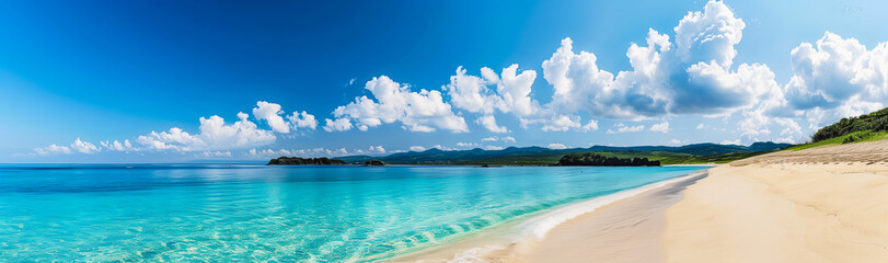 Obraz premium A beautiful beach with clear blue water, white clouds, and bright sun shining on the calm ocean. Perfect for summer vacation and travel poster designs.