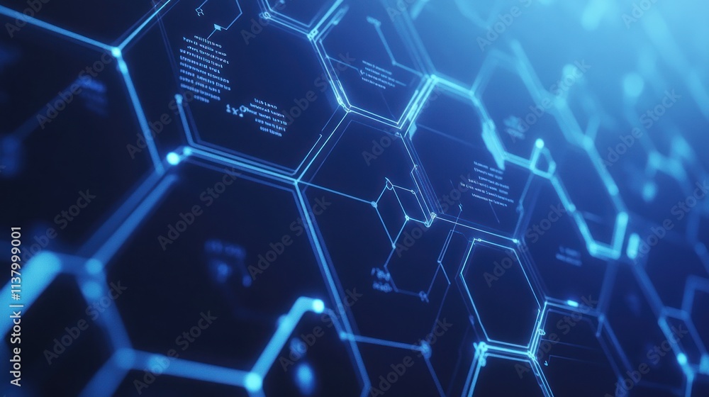 Poster abstract digital network with glowing hexagons and data streams.