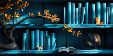 Obraz premium Teal Bookshelf with Globe, Branch, and Butterflies