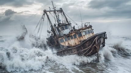Obraz premium Stranded Fishing Boat Battling Stormy Waves in Rough Sea Conditions