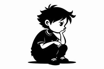 a boy thinking of sitting in black and white