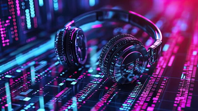 Neon Beats: Headphones on a futuristic circuit board, bathed in vibrant pink and blue neon lights.  A captivating image for music lovers, DJs, and tech enthusiasts.