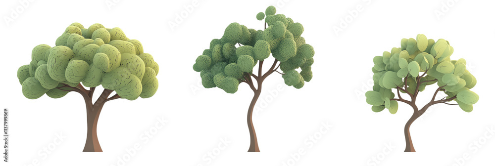 Poster stylized trees collection, three distinct tree designs with varying shapes and foliage textures, vib