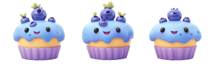 Obraz premium Cute blueberry cupcakes with smiling faces, vibrant blue frosting, topped with blueberries, colorful wrappers, isolated on transparent background, png