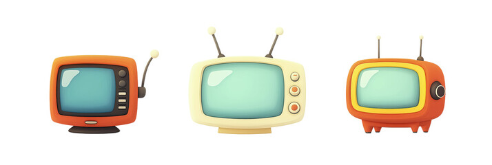Vintage televisions collection, three retro TV designs in orange, cream, and red colors, cartoonish style, playful appearance, isolated on transparent background, png