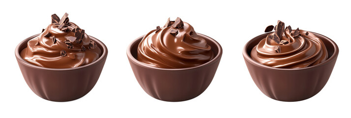 Obraz premium Chocolate mousse desserts in bowls, creamy texture, topped with chocolate shavings, three variations, appealing presentation, isolated on transparent background, png