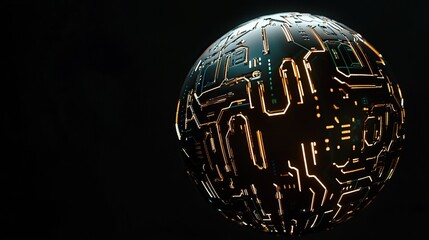 Futuristic sphere with glowing circuit board design.