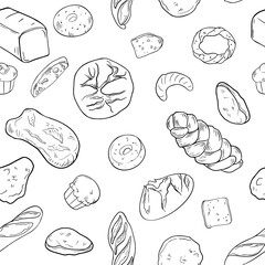 Assorted kind of bread black white vector seamless pattern. Loaf bread, challah, rustic rye round, ciabatta and buns in line art. Bakery goods on monochrome repeat background for packaging, textile.