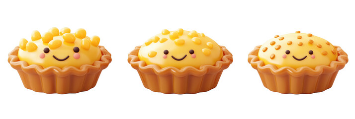 Fototapeta premium Cute smiling cupcakes with yellow frosting, three adorable desserts with playful designs, topped with sprinkles and dots, in brown tart shells, isolated on transparent background, png