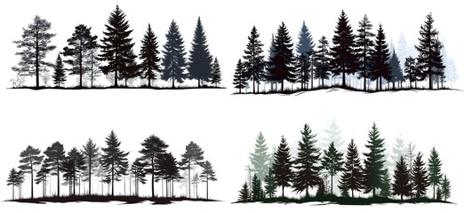 Silhouette illustration of a wilderness jungle with trees on a white background AI generated