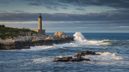 Fototapeta premium Waves crashing on rock formations just off coastline