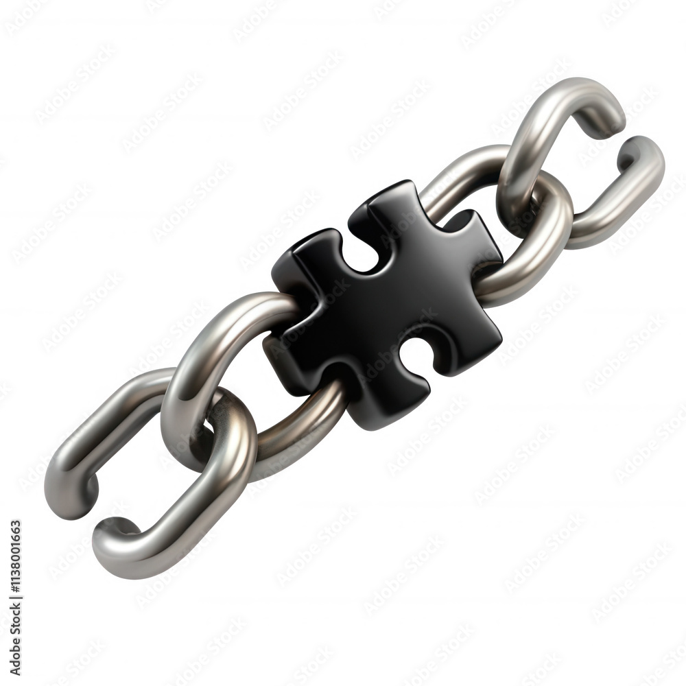 Poster a 3d rendering of a metal chain with a black puzzle piece embedded in it, symbolizing connection and