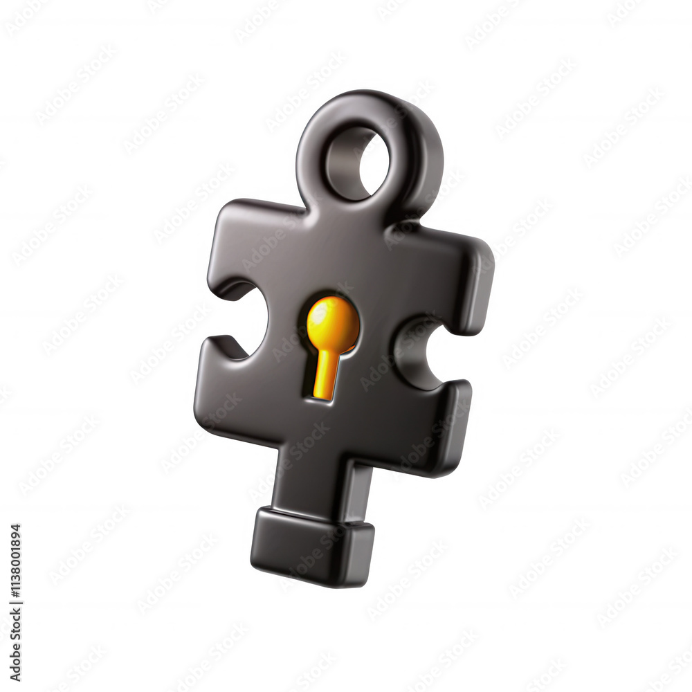 Poster a 3d black puzzle key with a yellow keyhole, symbolizing security and mystery. the design showcases 