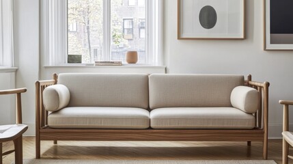 Modern Minimalist Living Room with Wooden Sofa and Neutral Decor