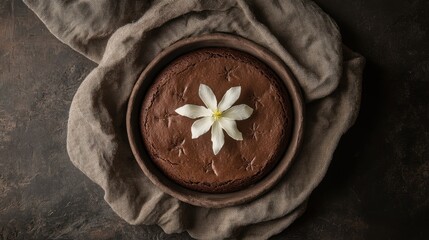 Chocolate Cake Decorated with White Flower on Rustic Background