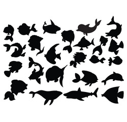 Cute cartoon hand drawn vector set of fish silhouette icons.